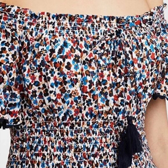Tory Burch Wildflower Tiered Off Shoulder Smoked Navy Pipping Midi Dress S $498 - Picture 8 of 16
